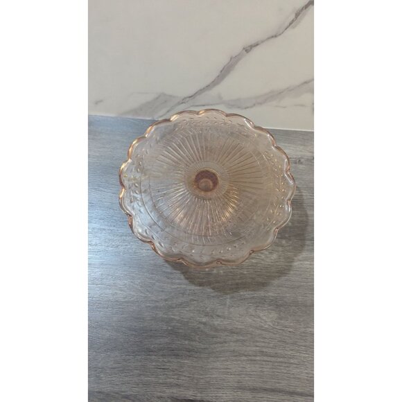 Vintage Pink Depression Glass Cake Stand With Scalloped Edges & Floral Design 9" - Picture 8 of 9